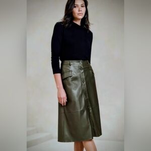 Banana Republic Factory Vegan Leather Midi A-Line Olive Skirt POCKETS- Sz 6
